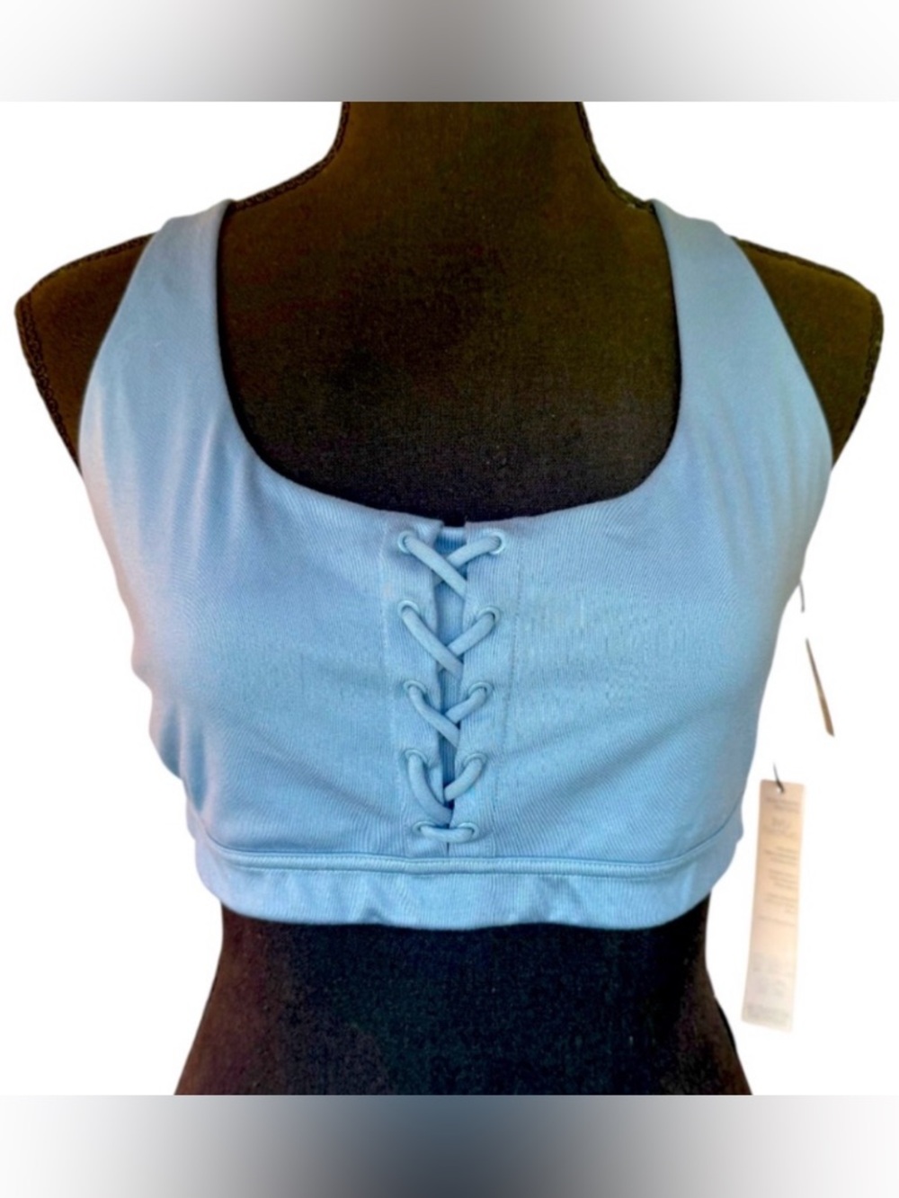 Victoria’s Secret Strappy Open Back, Laced Front Wireless Blue Sports Bra, Large